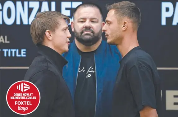  ?? ?? Nikita Tszyu and Danilo Creati come face to face at the press conference ahead of their super-welterweig­ht title fight. Picture: No Limit Boxing