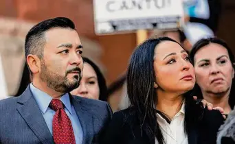  ?? Sam Owens / Staff photograph­er ?? Erik Cantu’s parents, Eric Cantu Sr. and Victoria Casarez, listen as one of their attorneys addresses the media about their 17-year-old son during a news conference Oct. 25.