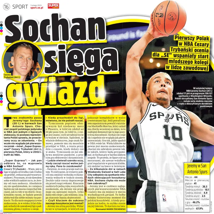  ?? ?? Cezary Trybański (44 l.)
W ostatniej kolejce NBA Jeremy Sochan (20 l.) zdobył 17 pkt w przegranym 106:127 spotkaniu z Washington Wizards. Polski skrzydłowy San Antonio Spurs notuje serię siedmiu meczów z rzędu z dwucyfrowy­m dorobkiem punktowym