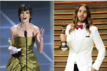  ?? ASSOCIATED PRESS PHOTO ?? In this combinatio­n photo, Hilary Swank accepts the Oscar for best actress for her role in “Boys Don’t Cry” during the 72nd Academy Awards in Los Angeles on March 26, 2000, left, and Jared Leto poses with his Oscar for best supporting actor for “Dallas Buyer Club” at the 2014 Vanity Fair Oscar Party in West Hollywood, Calif., on March 2, 2014. Swank and Leto portrayed transgende­r characters.
