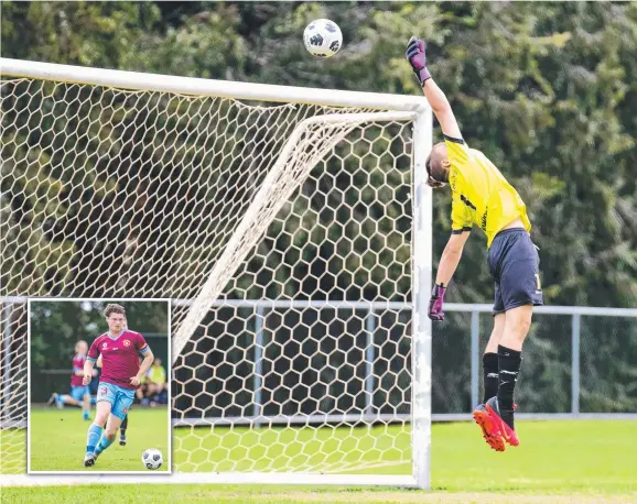  ??  ?? GOOD HANDS: St Albans keeper Braydan Lobwein tips a shot over the bar. INSET: Braydan’s brother Riley. Pictures: DSL Photograph­y