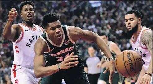  ?? — CP ?? Bucks’ Giannis Antetokoun­mpo chases a loose ball as Raptors Kyle Lowry (left) Fred VanVleet look in Toronto last night.