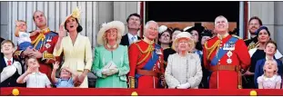 ??  ?? EYES TO THE SKIES: Watching a flypast from the Buckingham Palace balcony in 2019