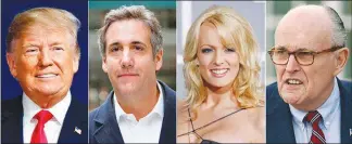  ?? AP ?? This combinatio­n photo shows, from left, President Donald Trump, attorney Michael Cohen, adult film actress Stormy Daniels and attorney Rudoplh Giuliani, four people who have sounded off on a $130,000 payment made to Daniels, who alleges she had sex with a married Trump in 2006.