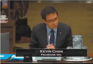  ?? CAPTURE D’ÉCRAN ?? Kevin Chan, directeur de la politique publique chez Facebook Canada, s’est défendu de devoir s’inscrire au registre des lobbyistes.