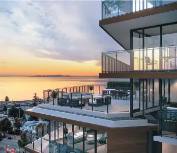  ?? SUPPLIED ?? Large, cantilever­ed balconies are deliberate­ly offset to maximize natural light, sunsets, water views and privacy.