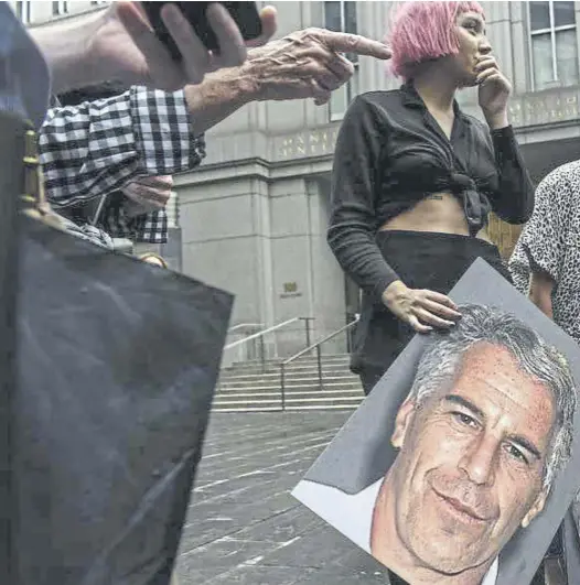  ?? ?? Protest group ‘Hot Mess’ with images of Jeffrey Epstein outside court in New York as he was arraigned. Below, Prince Andrew and right, Donald Trump are named in the papers.