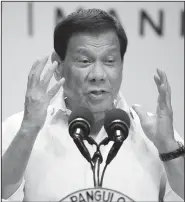  ?? AP/BULLIT MARQUEZ ?? Philippine­s President Rodrigo Duterte gestures Saturday while addressing the media following the conclusion of the 30th ASEAN Leaders’ Summit in Manila, Philippine­s.