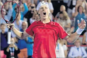  ?? THE CANADIAN PRESS/PAUL CHIASSON ?? Denis Shapovalov of Canada celebrates after beating Adrian Mannarino of France during quarter-final play at the Rogers Cup tennis tournament Friday, Aug. 11, 2017, in Montreal.