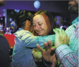  ?? Amy Osborne / Special to The Chronicle ?? Yes on C campiagn manager Sam Lew hugs Booksmith owner Christin Evans at the Yes on C watch party.