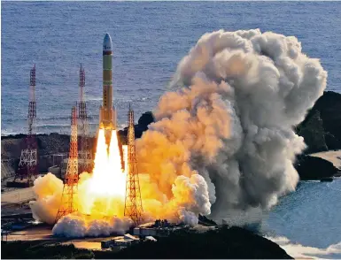  ?? Photo: Kyodo ?? The H3 rocket carrying two small satellites lifts off from the Tanegashim­a Space Centre in Minamitane, Kagoshima prefecture.