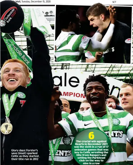  ??  ?? Glory days: Forster’s save (inset) sparked Celtic as they started their title run in 2012
6
The crucial win against Hearts in December 2011 was the sixth in a run of 17 unbeaten games that was key to Celtic wresting the title from Rangers and setting the Parkhead club on the way to nine in a row