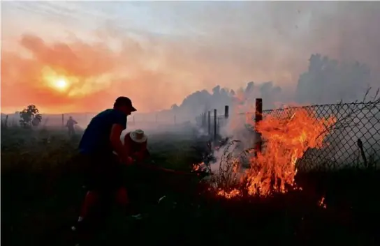  ?? FETHI BELAID/AFP VIA GETTY IMAGES ?? Residents worked to extinguish a fire in Tabarka, Greece, amid a heat wave, while a firefighte­r rescued a cat and two rabbits on the island of Rhodes.