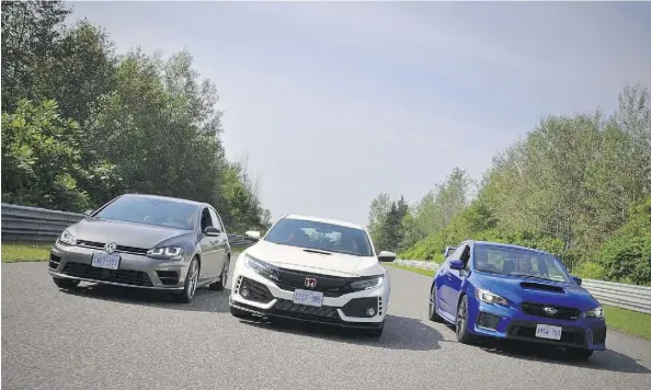  ?? PHOTOS: DEREK MCNAUGHTON/DRIVING ?? The Volkswagen Golf R, from left, Honda Civic Type R and Subaru WRX STI provided vastly different rides.