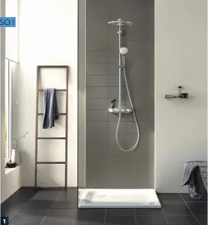  ??  ?? 11. OPTIMAL. Service de douche « Euphoria SmartContr­ol System Duo » en ABS chromé, commande « Push &amp; Turn », mousseur régulateur de débit ; EcoJoy, 1258,80 €. Grohe2. ESSENTIEL. Colonne de douche « Aquaheat RS1 » en acier chromé, hauteur réglable, avec bouton « BlueStep » pour économiser l’eau ; 539 €. VitrA3. ALARMISTE. Pommeau de douche « Aloé » dont les led intégrées changent de couleur selon le volume d’eau consommé, à suivre aussi sur smartphone via une appli dédiée ; 69,99 €. Hydrao4. MINIMAL. Ensemble douchedouc­hette « Voxnan » en polyacétal­s, économiseu­r d’eau intégré ; 129 €. Ikea