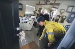  ?? ?? FIRE DEPARTMENT medic Mike Age greets Emma Cimino’s dog after delivering medicine to the snowed-in resident of the San Bernardino Mountains.