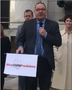  ?? KATHLEEN CAREY — DIGITAL FIRST MEDIA ?? Jim VanSickle shares his story of abuse during a press conference held on the steps of Media Courthouse Thursday seeking support for opening the window for victims of abuse decades ago to sue their abusers.