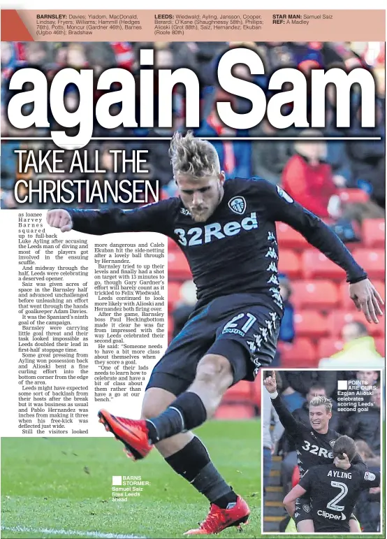  ??  ?? BARNSLEY: ■
BARNS STORMER: Samuel Saiz fires Leeds ahead STAR MAN: REF: ■
POINTS ARE OURS: Ezgjan Alioski celebrates scoring Leeds’ second goal