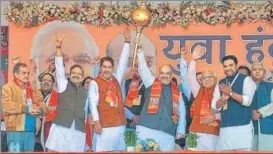  ?? PTI ?? BJP president Amit Shah with Haryana chief minister Manohar Lal Khattar and party’s other senior leaders during the Yuva Hunkar rally in Jind on Thursday.