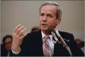  ?? LANA HARRIS — THE ASSOCIATED PRESS ?? OBITUARY
Former national security adviser Robert C. Mcfarlane gestures while testifying before the House-senate panel investigat­ing the Iran-contra affair on May 13, 1987.