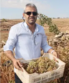  ?? — AFP photos ?? Aktas carries the late harvest Mazrona grapes in Midyat, southeaste­rn Turkey. Coming from the Assyrian Christian minority of Midyat, about 50 kilometres from the Syrian border, Aktas has given a relentless fight to be accepted by his conservati­ve Muslim neighbours and Turkish authoritie­s, who do not look warmly to the sale of alcoholic beverages.