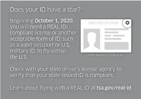  ?? TSA ?? Beginning Oct. 1, 2020, you will need a Real ID-compliant license to fly.