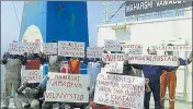  ?? FACEBOOK ?? Sailors hold a protest on the deck of the detained ship.