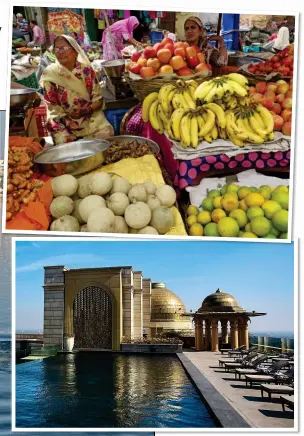  ??  ?? MAGICAL: The Garden Palace on Lake Pichola, left. Top: A food market in Udaipur. Above: The rooftop pool at the Leela Palace New Delhi