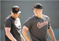  ?? LLOYD FOX/BALTIMORE SUN ?? Trey Mancini, left, and Ryan Mountcastl­e take infield practice at first base in spring training in February 2020. They’re both heavily in the 2021 Orioles’ plans.