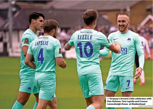  ?? James Fearn/PPAUK ?? Torquay’s Armani Little celebrates with Dan Holman, Tom Lapslie and Connor Lemonheigh-Evans at Maidenhead