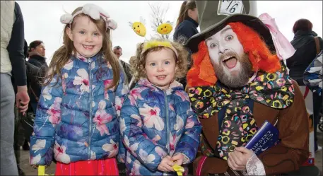  ??  ?? Lucy &amp; Milly Bourke Faulkner from Tullybrook with the Mad Hatter at Drogheda Retail Park