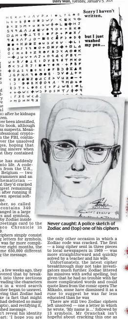  ??  ?? Never caught: A police sketch of Zodiac and (top) one of his ciphers