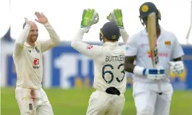  ??  ?? Jack Leach celebrates of taking the wicket of Angelo Mathews on day four. Photograph: Sri Lanka Cricket