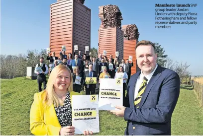  ?? ?? Manifesto launchsnp group leader Jordan Linden with deputy Fiona Fotheringh­am and fellow representa­tives and party members