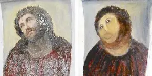  ??  ?? After being “restored” by an amateur artist and fulltime grandmothe­r, Elías García Martínez’s fresco "Ecce Homo” earned a local nickname: “Potato Jesus.”