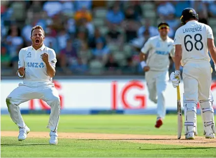  ?? GETTY IMAGES ?? Paceman Neil Wagner celebrates the removal of England batsman Dan Lawrence at Edgbaston.