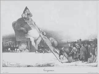  ??  ?? HONORE DAUMIER was sent to prison as punishment for creating his 1831 lithograph “Gargantua,” left. At right, a piece from William Hogarth’s “Four Times of Day” series.