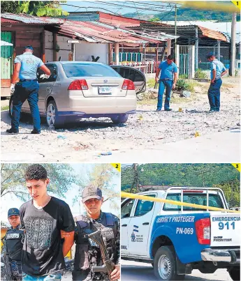  ?? FOTO: EL HERALDO ?? (1) Los malvivient­es dejaron abandonado el carro en el que intentaron escapar. (2) Marcos Mejía, de 24 años, fue aprehendid­o por la Policía. (3) Producto del tiroteo, la patrulla recibió varios impactos.