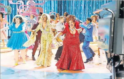  ?? AP PHOTO ?? This image released by NBC shows (from left) Maddie Baillio as Tracy Turnblad, Jennifer Hudson as Motormouth Maybelle, Harvey Fierstein as Edna Turnblad during a rehearsal for “Hairspray Live!,” airing Wednesday. Sets for the musical were designed by...