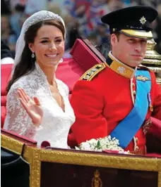  ??  ?? Prince William and Kate, Duchess of Cambridge, leave Westminste­r Abbey looking happy and relaxed, and; the newlyweds kiss for the crowds at Buckingham Palace.