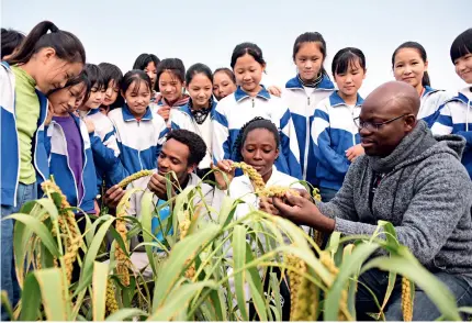  ?? ?? African students of China Agricultur­al University impart plant knowledge to pupils during an open day at the university’s research base in Handan, Hebei Province in north China, on October 16, 2020