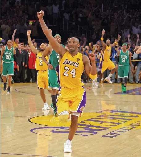  ?? MATT STONE / HERALD STAFF FILE ?? ‘TRULY SAD DAY’: Lakers star Kobe Bryant celebrates a win over the Celtics in Game 7 of the 2010 NBA Finals. Bryant and his daughter Gigi, along with seven other people, were killed on Sunday in a California helicopter crash.