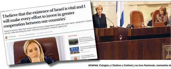  ?? ?? ETAPAS. Cutugno y L’italiano y Carboni y su Inno Nazionale, momentos de la italianida­d. Meloni y su compromiso con Israel para despejar dudas sobre su partido. Dos judíos italianos ilustres: Primo Levy y Rita Levi Montalcini, una colectivid­ad pequeña, pero destacada.