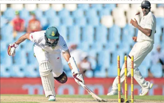  ??  ?? South Africa's Hashim Amla was run out for 82 by Hardik Pandya after he misjudged a single to miss out on a century, against India at the SuperSport Park in Centurion on Saturday.