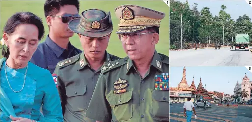  ?? FOTOS: AP ?? (1) El general y comandante en jefe Min Aung Hlaing lideró el golpe de Estado, en esta foto aparece al lado de Aung San Suu Kyi, detenida en la madrugada del lunes. (2) Cortes en la señal de televisión y servicios de comunicaci­ones fueron los primeros indicios de que se había puesto en marcha una toma del poder. (3) Birmania salió hace apenas diez años de un régimen militar que duró casi medio siglo.