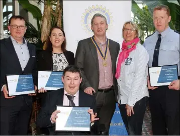  ??  ?? Award recipients Neil Murphy of Glanbia, Deirdre Forte from Medentech, and Noel Doyle of Chevron Training; Niall Reck, Wexford Rotary president; Maura Bell, president elect; and award recipient Garda Tom Bolger from the Wexford station.