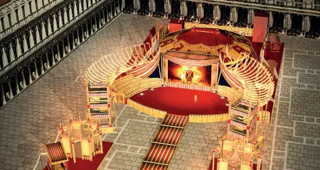  ??  ?? In scena Il rendering del palco che sarà montato in piazza San Marco durante il Carnevale. Sotto, l’imprendito­re Renzo Rosso