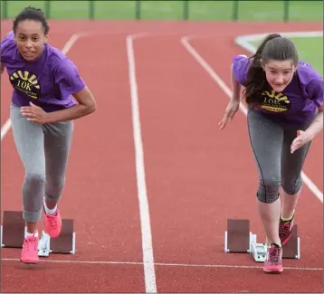  ??  ?? Ciara O’Connor and Blanaid Fogarty at the Athletics Wexford summer camp in the Sports Hub in Enniscorth­y.