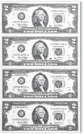  ??  ?? FULL UNCUT SHEETS: Above is one of the valuable uncut sheets of four never circulated $2 bills that are actually being released to U.S. residents. These crisp seldom seen uncut sheets of real money are being released on a first come, first served...