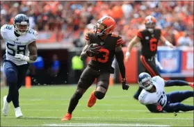  ?? TIM PHILLIS — FOR THE NEWS-HERALD ?? Odell Beckham Jr. runs after a catch during the Browns’ loss to the Titans on Sept. 8 at FirstEnerg­y Stadium.